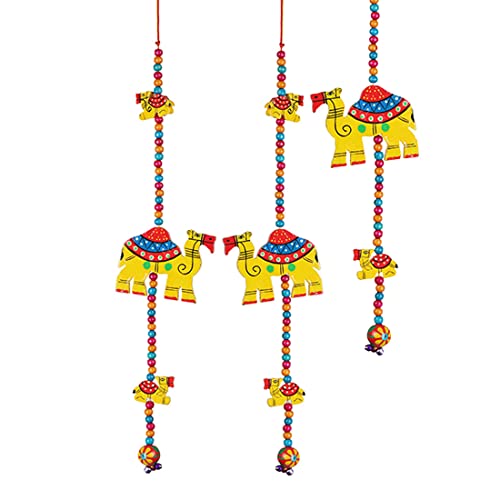 •Set of 2 Indian Traditional Door Hanging 3 Wooden Camel String with Bell Decoration for Home Wall Temple Bedroom Kids Room Home Décor New Year Gifting (Size :- 24″ Approx)