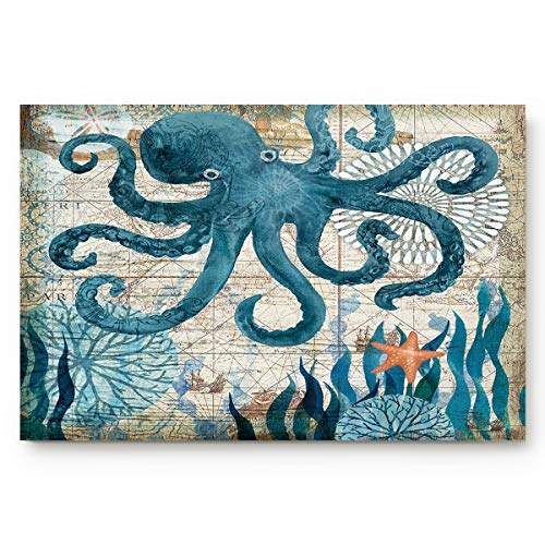 Coastal Blue Sea Octopus Nautical Map Doormat Welcome Mats Rugs Carpet Outdoor/Indoor for Home/Office/Bedroom,Large 24 x 36