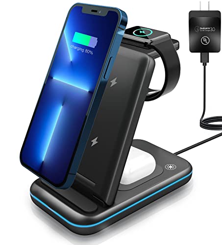Wireless Charging Station, MSTJRY 3 in 1 Wireless Charger Stand Portable Compatible with Apple Products Multiple Devices iPhone iWatch S7 SE S6 S5 S4 S3 S2 Airpods UL Certified Power Adapter Included
