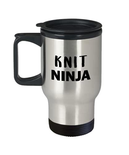 Knit Ninja Lover Themed Travel Mug Insulated Coffee Tumbler – Gifts for Knitter Hobbyist Enthusiast Knitting Hobby Crochet Crocheter Yarn Addict Funny Cute Gag Idea