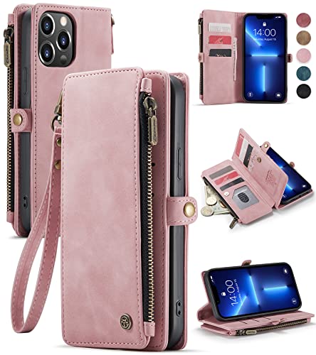 Defencase for iPhone 13 Pro Max Case, iPhone 13 Pro Max Case Wallet for Women, Durable PU Leather Magnetic Flip Lanyard Strap Wristlet Zipper Card Holder Phone Cases for iPhone 13 Pro Max, Rose Pink