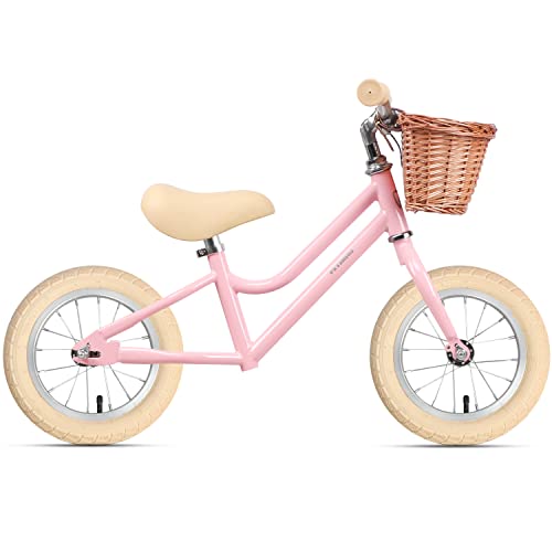 Petimini 12 inch Kids Balance Bike with Basket for 2 3 4 5 6 Years Old Toddler Children, Carbon Steel No Pedal Training Bicycle for Girls and Boys, Pink