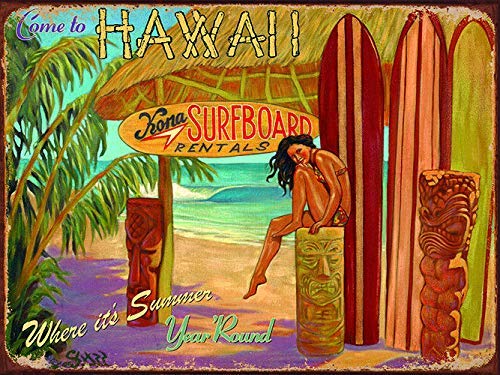 cutespree Come to Hawaii Kona Surfboard Rental Metal Sign Home Decor Metal Novelty Sign 8x12inch Vintage Sign for Coffee Garden Room Decor