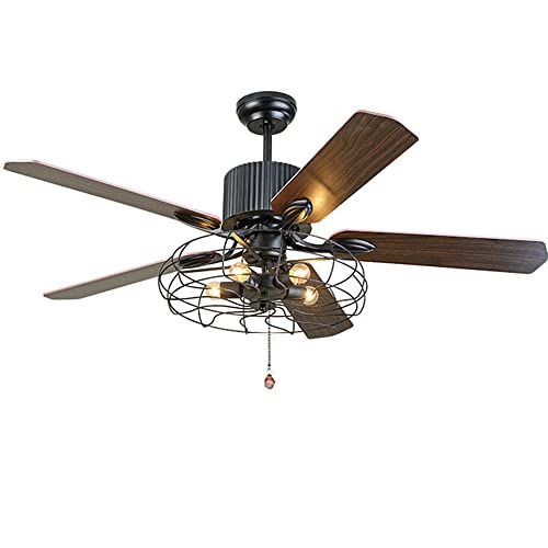 clody100 Clody Industrial Ceiling Fans with Lights, Vintage Black Cage Chandelier Fan with Remote Control & Pull Chains, 5 Wood Reversible Blades Lighting Fixture (52 Inch)