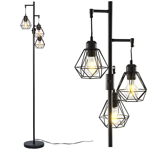Dimmable Industrial Floor Lamp with 3 Bulbs Included, Farmhouse Rustic Standing Lamp, Tree Lamp with 3 Elegant Cage Sturdy Base Light for Living Room/Bed Room/Office