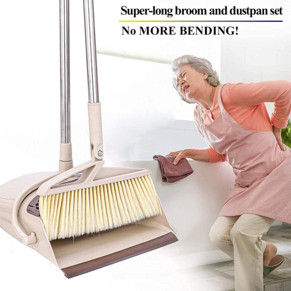 Krupasadhya Dustpan with Broom with Stainless Long Handle Set Stand Up Combo, Remove Hair with Built-in Wisp Scraper – Kitchen, Outdoor, Hardwood Floor, Garage & Tiles Upright Cleaning Supplies