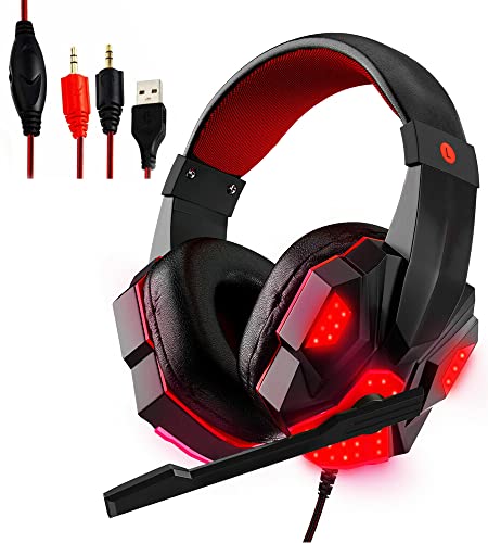5 CORE Gaming Headset for PS4 PC One PS5 Console Controller, Noise Cancelling Microphone Over Ear Stereo Headphones with Mic, LED Light, Bass Surround, Earmuffs for Laptop Mac NES Games HDP GM1 R