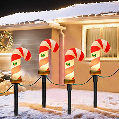 Christmas Candy Cane Pathway Lights Outdoor, 7Ft Christmas Pathway Markers Lights with 4 Candy Cane Markers Stake Lights, Outdoor Walkway Lights for Holiday Outside Yard Garden Xmas Walkway Decor