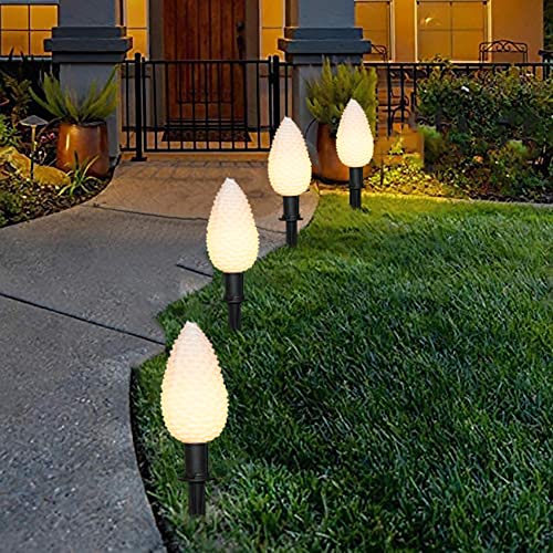 Pallerina Christmas C9 Pathway Lights 7FT Pinecone Pathway Lights, C9 LED Lights with 4 Stakes Connectable Holiday Commercial Warm White Light Christmas Decoration UL Listed – Green Wire