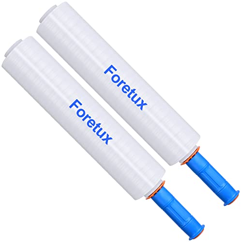Foretux 2 Pack Stretch Film with Handle (15 Inch x 1000 Feet) Industrial Clear Plastic Stretch Wrap Film for Pallet Wrap, Moving Supplies Stretch Wrap