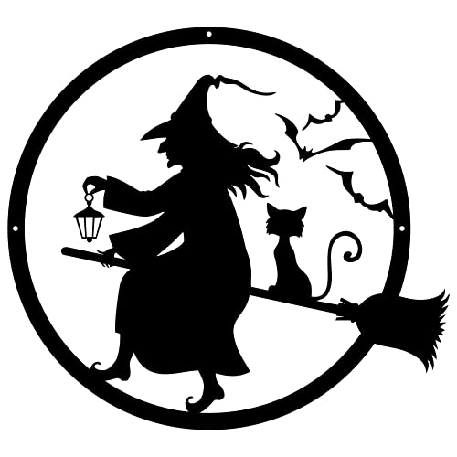 Halloween Witch On a Broom Metal Wall Art Decorative Accent Home Decor Sign – 24 Inch – Black