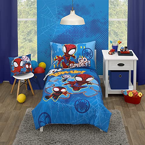 Marvel Spidey and his Amazing Friends Team Red, White, and Blue 4 Piece Toddler Bed Set – Comforter, Fitted Bottom /Flat Top Sheet, and Reversible Pillowcase