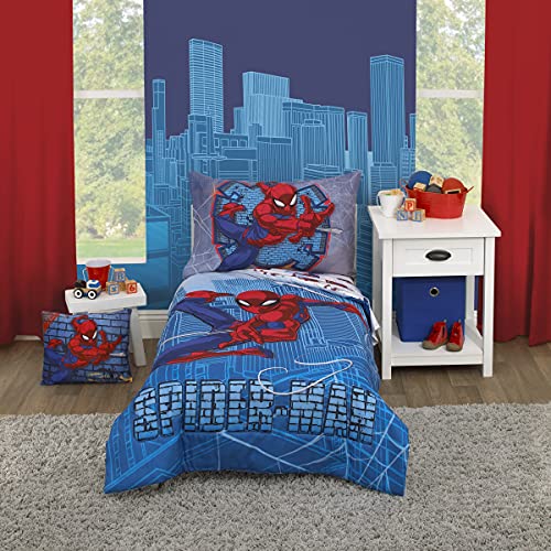 Marvel Spiderman Wall Crawler Red, White, and Blue Spider Webs 4 Piece Toddler Bed Set – Comforter, Fitted Bottom Sheet, Flat Top Sheet, and Reversible Pillowcase