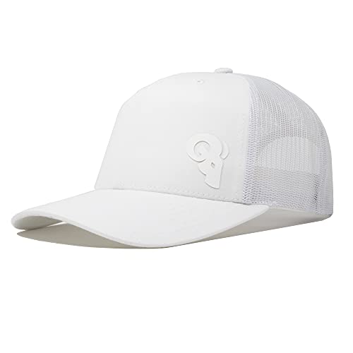 RAM ADVANTAGE Sportsman Trucker Hat | Silicone Logo Mesh Snapback Cap Premium Quality Durable Comfortable Fit (Whiteout)