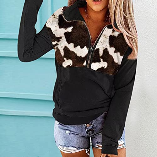 iLUGU Women’s Trendy Half Zipper Pullover Patchwork Cow Print Sweatshirt with Pocket Long Sleeve Tops Loose Blouse Shirt Black | The Storepaperoomates Retail Market - Fast Affordable Shopping