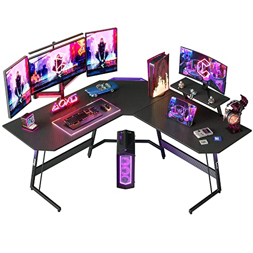 CubiCubi 53 inch Diamon L Shaped Gaming Desk Gamer Workstation, Home Computer Carbon Fiber Surface Corner Gaming Desk PC Table with Cable Tray