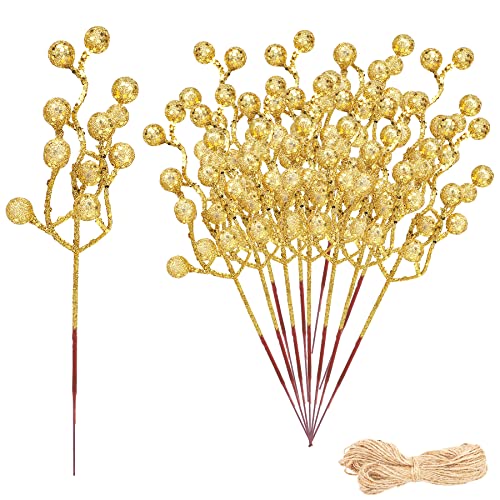 24 Pieces Gold Glitter Artificial Christmas Berry Pick 9.4 Inch Artificial Berry Stems Christmas Holly Berries Branches Berry Picks Floral Picks for Christmas Tree Wreath Crafts Wedding Holiday Decor