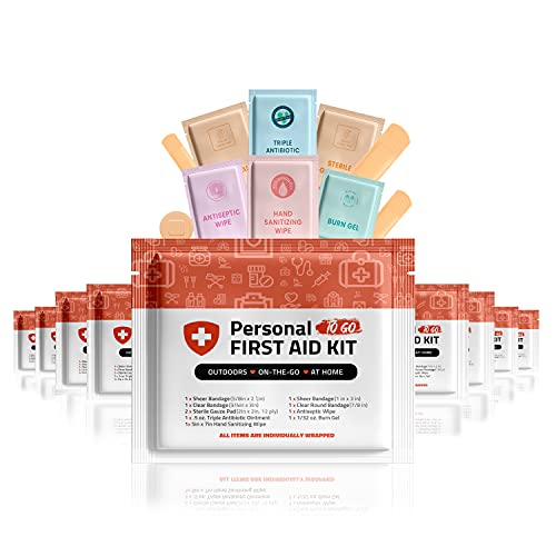 Personal First Aid Kit- 10 Pack | Clean, Treat, Protect Minor Cuts, Scrapes and Burns | Perfect for Home, Office, Car, School, Business, Camping | Individually Wrapped First Aid Products (Orange)