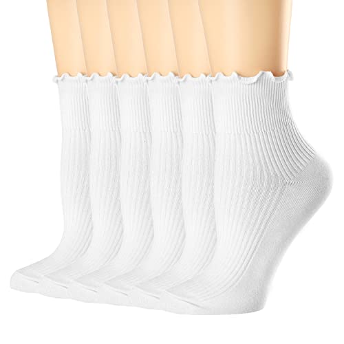 Mcool Mary Women’s Ruffle Socks,Turn-Cuff Casual Cute Ankle Socks Warm Cotton Knit Lettuce Low Cut Frilly White Socks for Women 6 Pack