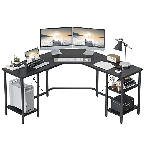 CubiCubi L Shaped Desk with Shleves, 60″ Large Corner Desk with Two Storage, Space Saving, Easy to Assemble, Black