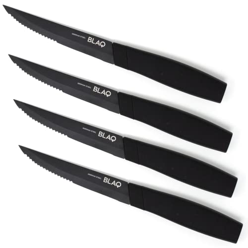 Blaq German Stainless Steel (High Carbon) Serrated Steak Knives Set of 4 with Ergonomic Handles Steak Knife Set Matte Black Steak Knives