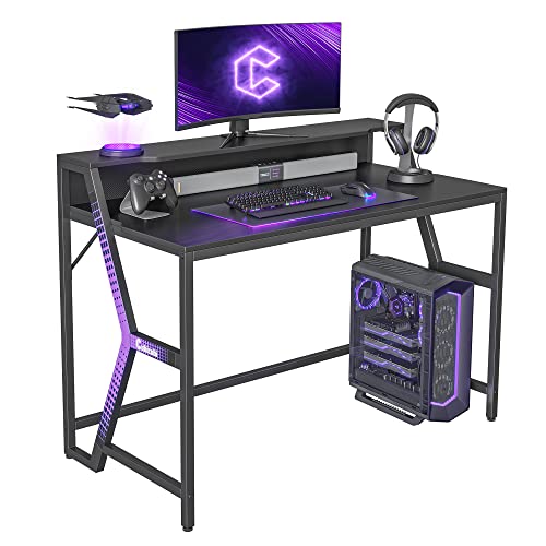 CubiCubi Carrier Gaming Desk 47 inch Gamer Workstation, Home Computer Carbon Fiber Surface Gaming Desk PC Table with Monitor Stand