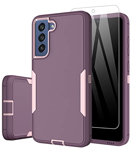 Dahkoiz for Samsung Galaxy S21 FE 5G Case, and Glass Screen Protector, Dust Proof Port Cover, Full Body Protection Durable Rubber Cover Phone Case, Purple
