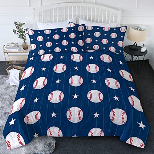 BlessLiving Baseball Comforter Set Full/Queen for Boys, 3 Pcs Sports Comforter, Shams, Baseball & Stars Stripes Print, Navy Blue, Vintage American Style Bedding Comforter Sets, Full/Queen Size