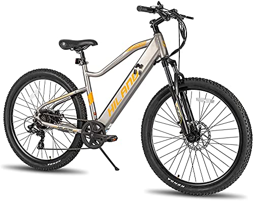 HILAND Rockshark 27.5 Inch Urban Electric Bike for Adults,Mens Electric Mountain Bike with Removable & Built-in 36V 10.4Ah Battery, 20 MPH 250W Motor,Shimano 7 Speed Gears E Bikes Grey