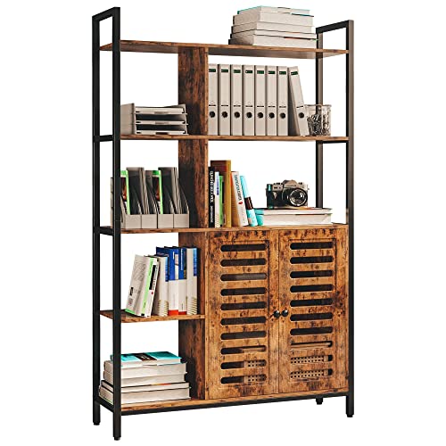 IRONCK Bookcases and Bookshelves, Industrial 5 Tier Bookshelf with Doors Wooden Display Shelf for Home Decor, Vintage Brown