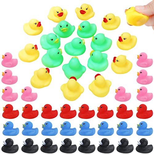 50 Pack Multicolor Mini Rubber Ducky Float and Squeak Ducks Baby Bath Toy, for Shower, Birthday, Party Supplies, 6 Colors