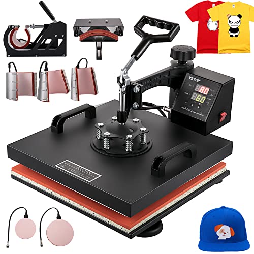 VEVOR Heat Press Machine, 15×15 Inch, 8 in 1 Combo Swing Away T-Shirt Sublimation Transfer Printer with Teflon Coated, Precise Heat Control, Mug/Cap/Plate Accessories Included, ETL/FCC Listed, Black