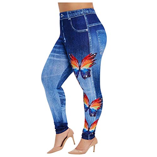 MAYW Stretchy Comfy Seamless Skinny Denim Print Fake Jeans,Women’s Jeans Full Length Leggings,Casual High Waist Flower Printed Leggings that Look Like for Women #6-blue XX-Large