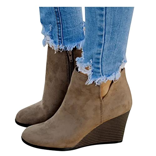 NOLDARES Boots for Women Ankle Wedges Booties Retro Flat Low Stacked Heel Comfort Ankle Boots Cut-Out Roman Walking Short Boots