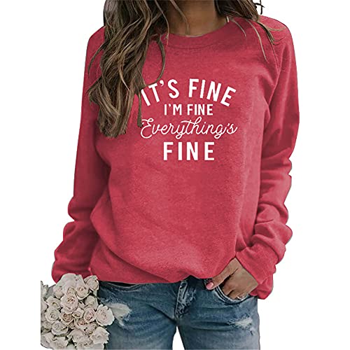 Its Fine I’m Fine Everything is Fine Letter Printed Long Sleeve Blouse Tops Round Neck Loose Sweatshirts Red