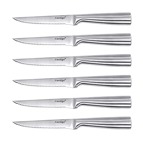 Jiaedge Steak Knives, Steak Knives Set of 6, Stainless Steel Steak Knives, Chicago Cutlery Steak Knife Set, Dishwasher Safe Serrated Steak Knives with Gift Box