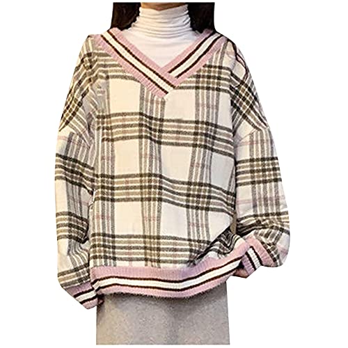 Women’s V-Neck Plaid Pullover Sweatershirt Loose Long Sleeve Tops Fashion Sweatshirts Tops Pullovers (Pink, M)