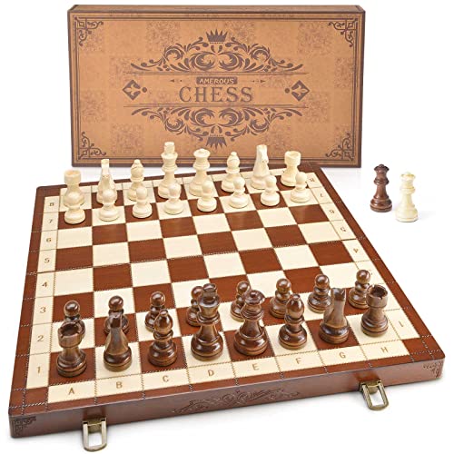 AMEROUS 15” Wooden Chess Set with Upgraded Weighted Chess Pieces – 2 Extra Queen – Folding Board – Instructions – Gift Package – Chessmen Storage Slots, Classic Chess Board Game for Kids, Adults