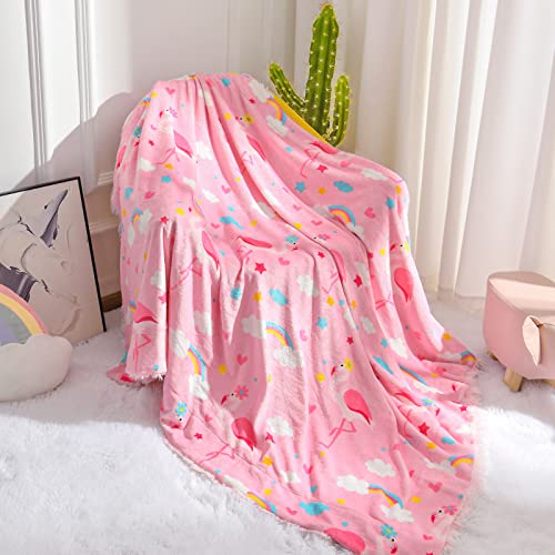 Keeko Fluffy Pink Flamingo Kids Throw Blanket, Plush Fuzzy Faux Fur Throw, Soft Flannel Print Girls Blankets for Bed Sofa Girl Room Nursery Flamingo Decor 30×40 inch Pink