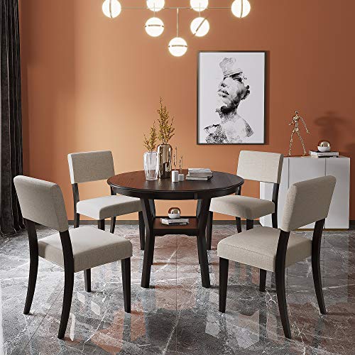 P PURLOVE 5 Piece Dining Table Set Round Kitchen Table and Chairs for 4, Wood Round Table with 4 Upholstered Chairs for Kitchen Dining Room