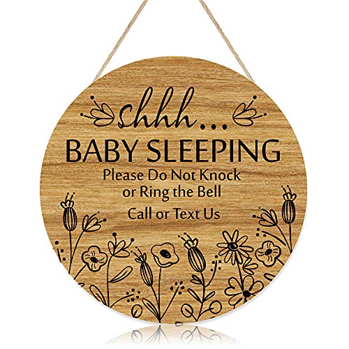 Shhh… Baby Sleeping Hanging Sign Plaque, Do Not Knock Or Ring The Bell, Round Rustic Wooden Door Hanger for Baby Room, Nursery, Kindergarten, Bedroom, Door Knob Door Bell Decor