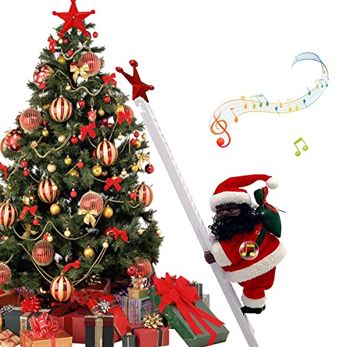 Electric Climbing Ladder Santa Claus,Novelty African American Santa Decoration Climbing Up and Down with Singing Music for LED Christmas Tree Ornaments Hanging Decor Xmas Gift