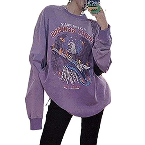 Y2K Women’s Vintage Oversize Sweatshirt Long Sleeve Crewneck Gothic Eagle Pattern E-Girl Pullover Shirt Jumper Top Purple