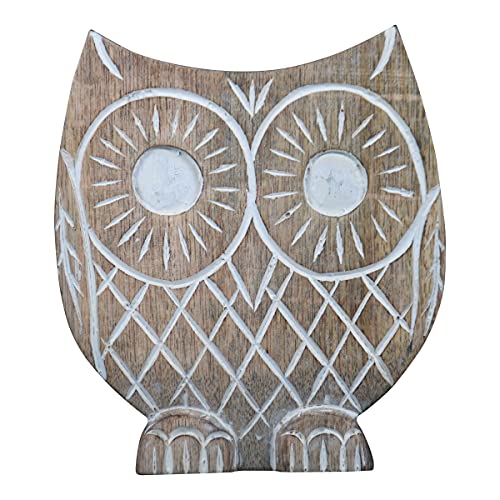 Foreside Home & Garden White Handcarved Wood Owl Figurine, Natural