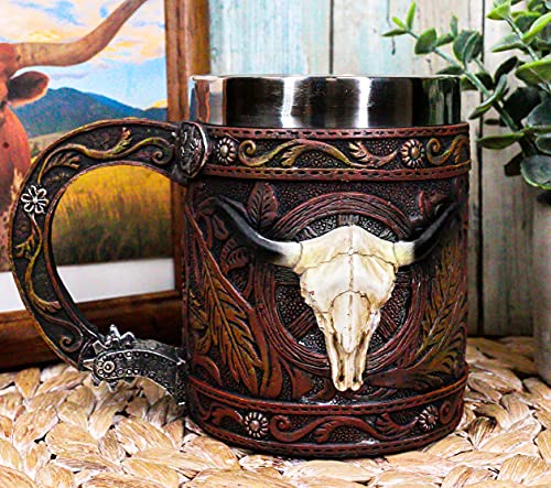 Ebros Gift Rustic Western Bull Cow Skull With Dreamcatcher Feathers And Scroll Lace Coffee Mug In Faux Tooled Leather Finish Wild West Old Fashioned Cowboy Design Beer Stein Tankard
