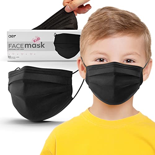 AEI Black Kids Disposable Face Mask 50PCS – Breathable 3 Layer Children Protective Face Mask School, Daily Use Indoor Outdoor, Dust Filter Masks Mouth Cover for Boys and Girls