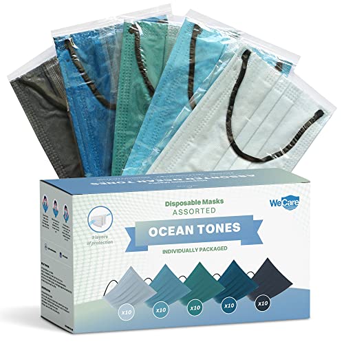 WECARE Disposable Face Mask Individually Wrapped – 50 Pack, Assorted Ocean Tone Solid Color Print Masks – 3 Ply