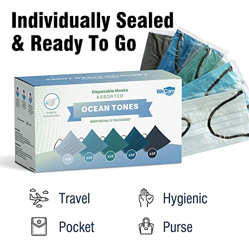 WECARE Disposable Face Mask Individually Wrapped – 50 Pack, Assorted Ocean Tone Solid Color Print Masks – 3 Ply | The Storepaperoomates Retail Market - Fast Affordable Shopping