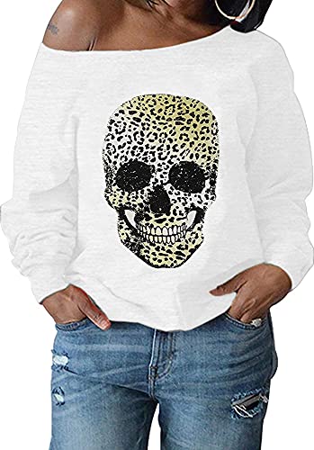Women’s Sexy Skeleton Skull Hand Print Funny Halloween Top Shirts (Medium, White-Skull)