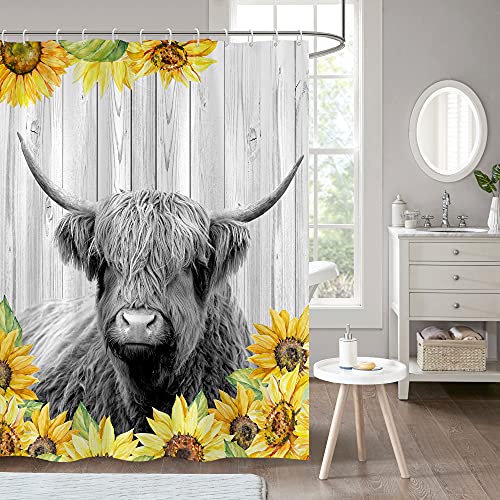 zokyer Highland Cow Shower Curtain Farmhouse Bull Rustic Farm Western Sunflower Cattle Floral lYellow Funny Style Yak Longhorn Wooden Animal Print Boho Polyester Waterproof Plastic 12 Hooks (60Wx72L)